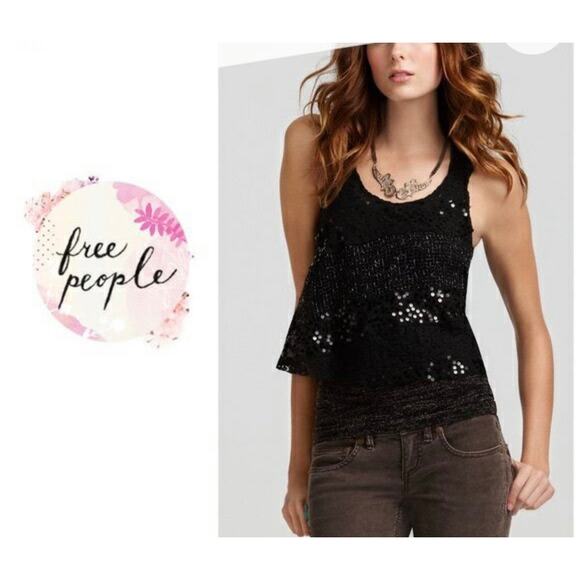 Free People Itsy Bitsy Glitzy Sequin Crochet Lace Tank Crop Top - Picture 1 of 15